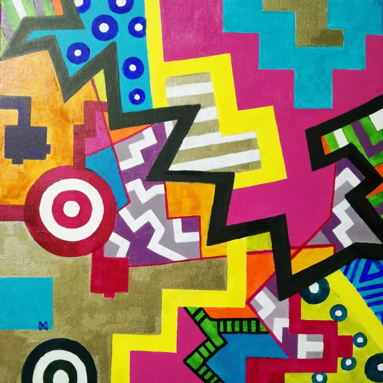 Bold square geometric painting in magenta, yellow, cyan and black with concentric-circle targets, dotted panels and a black zigzag bolt cutting across step-fret shapes.