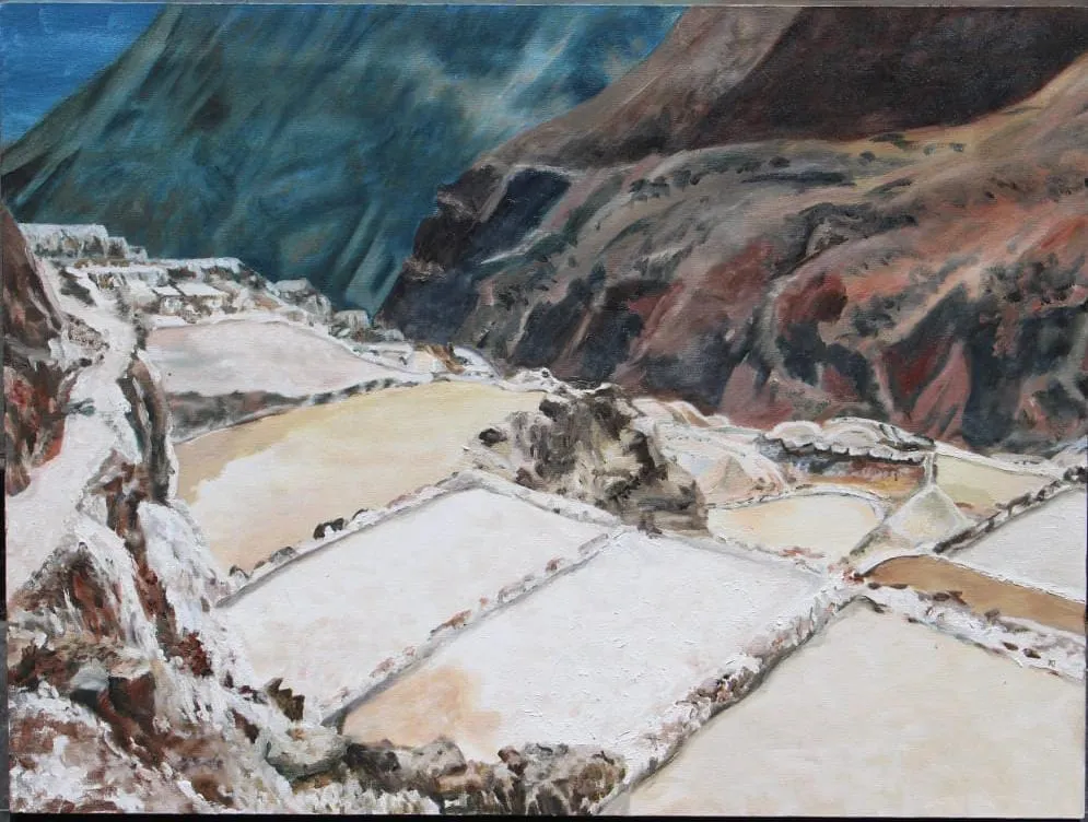 Painting of the white salt-evaporation terraces of Maras stepping down a shadowed valley in the Sacred Valley of the Incas.