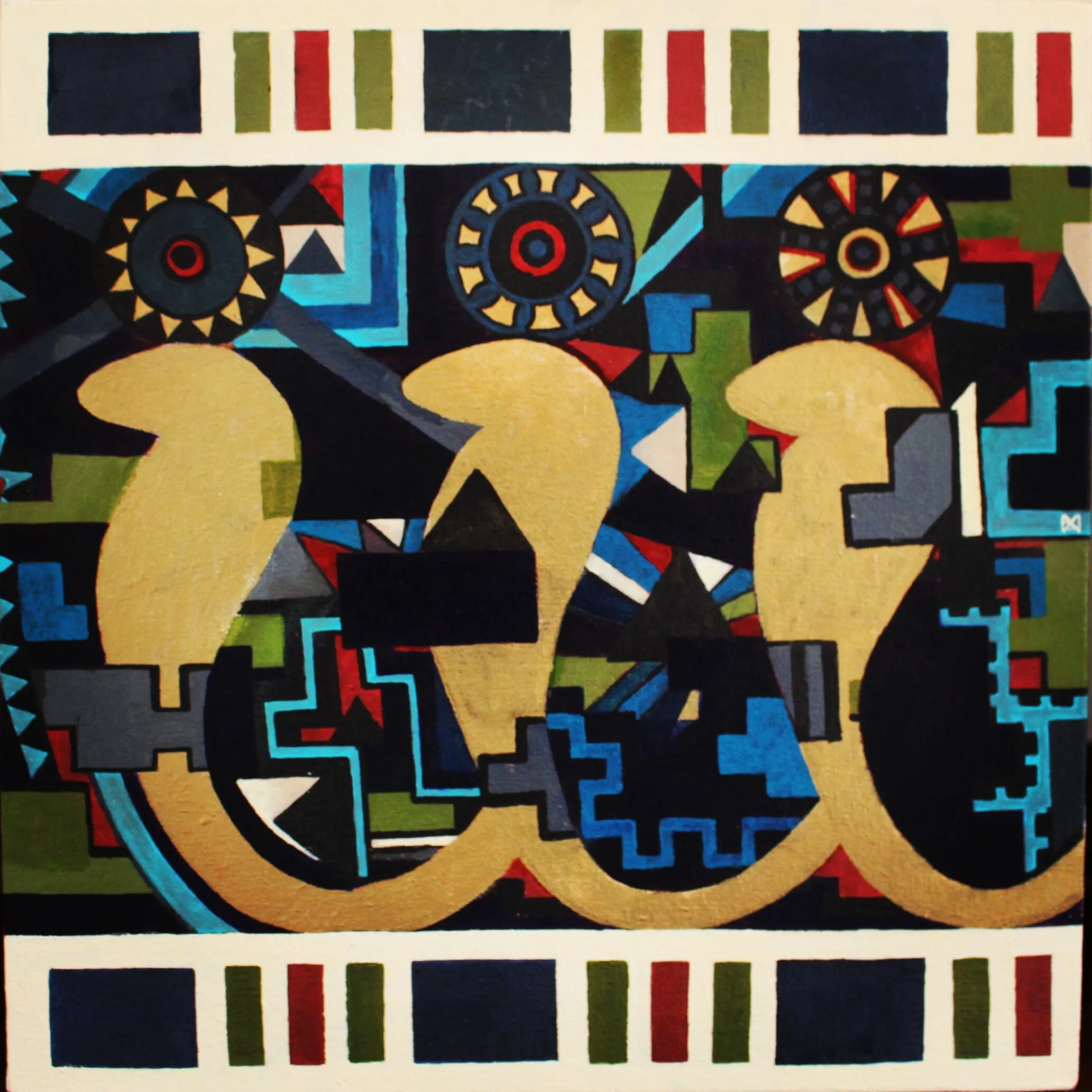 Colorful geometric painting with three gold cobra-like forms rising against a dense field of blue, green, red and black shapes, topped by three rosette wheels and framed by striped bands top and bottom.