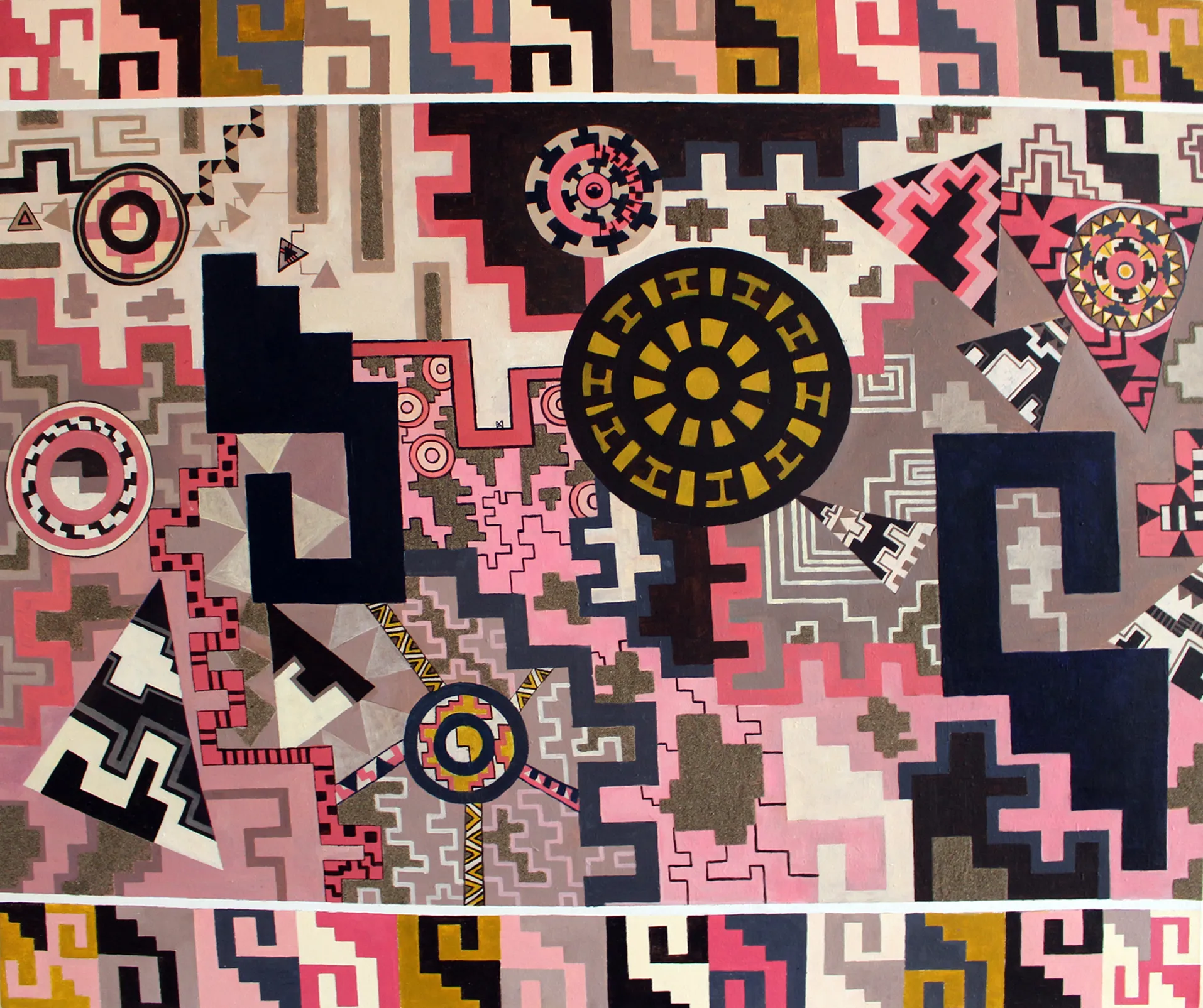 Horizontal geometric painting in pinks, mauves and cream densely filled with step-fret patterns and small medallions, centred on a large black disc with a yellow radial sunburst.