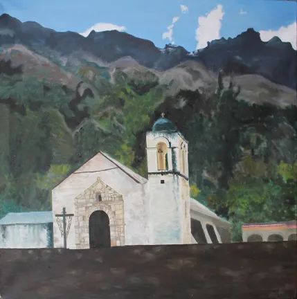 Painting of a white stone church with a domed bell tower before steep green mountains in the village of Tapay.