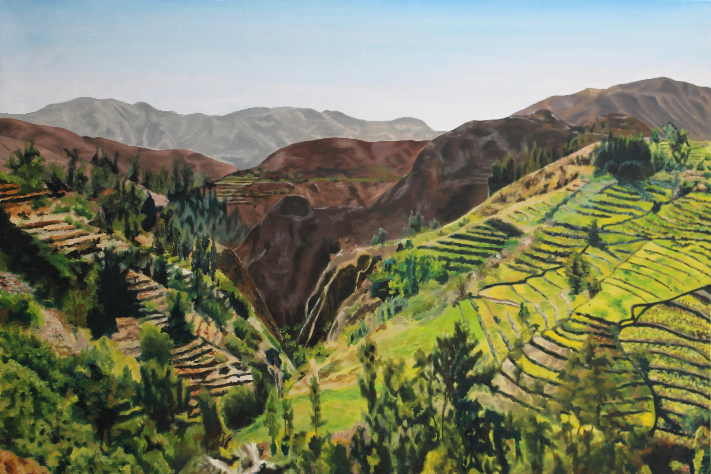 Painting of a lush green terraced valley with cultivated hillsides, scattered trees and distant mountains.