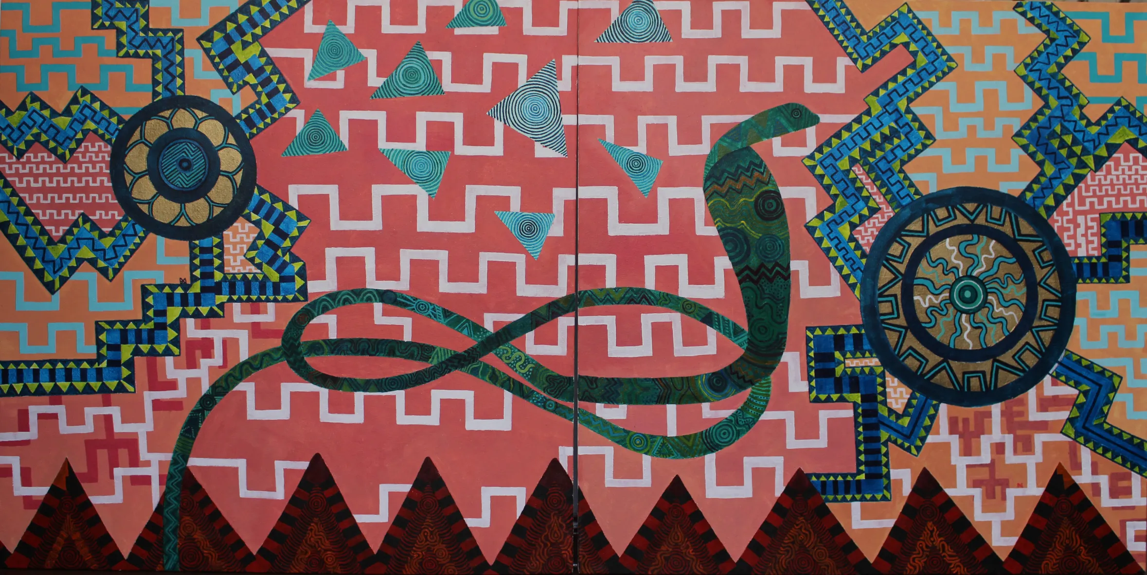 Diptych forming one composition: a green patterned serpent winding across a coral ground of white step-fret patterns, flanked by two gold medallions above red-and-black mountains.