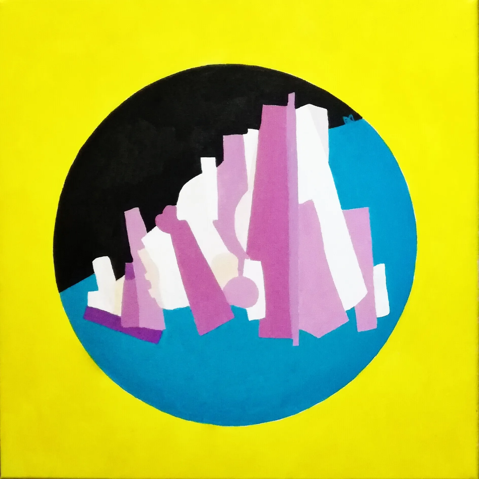 Painting of a cluster of pink and white crystal shards inside a black circle over a blue base, on a bright yellow ground.