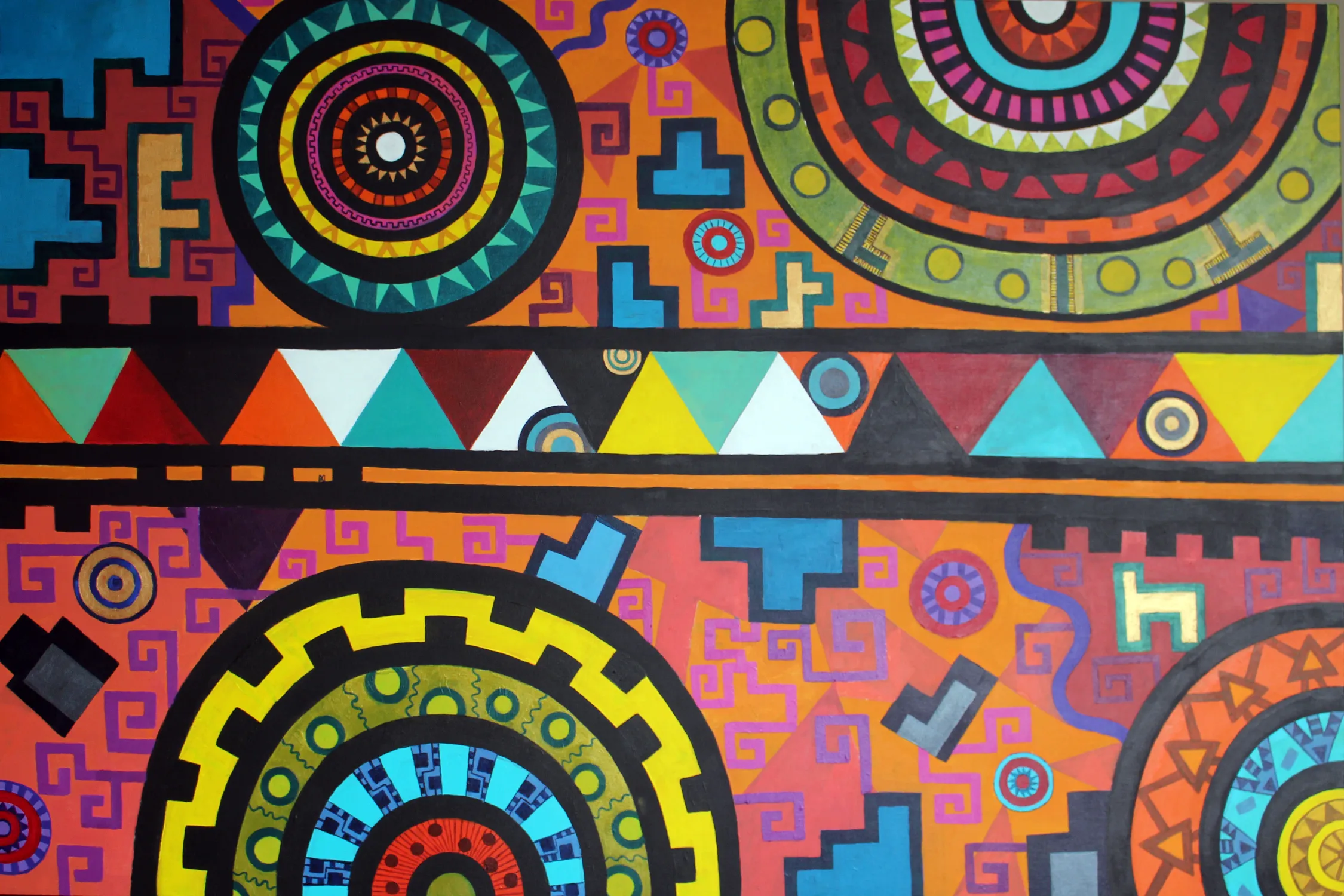 Vibrant orange geometric painting with large concentric-circle sun mandalas and a horizontal band of coloured triangles across the middle, over step-fret patterns.