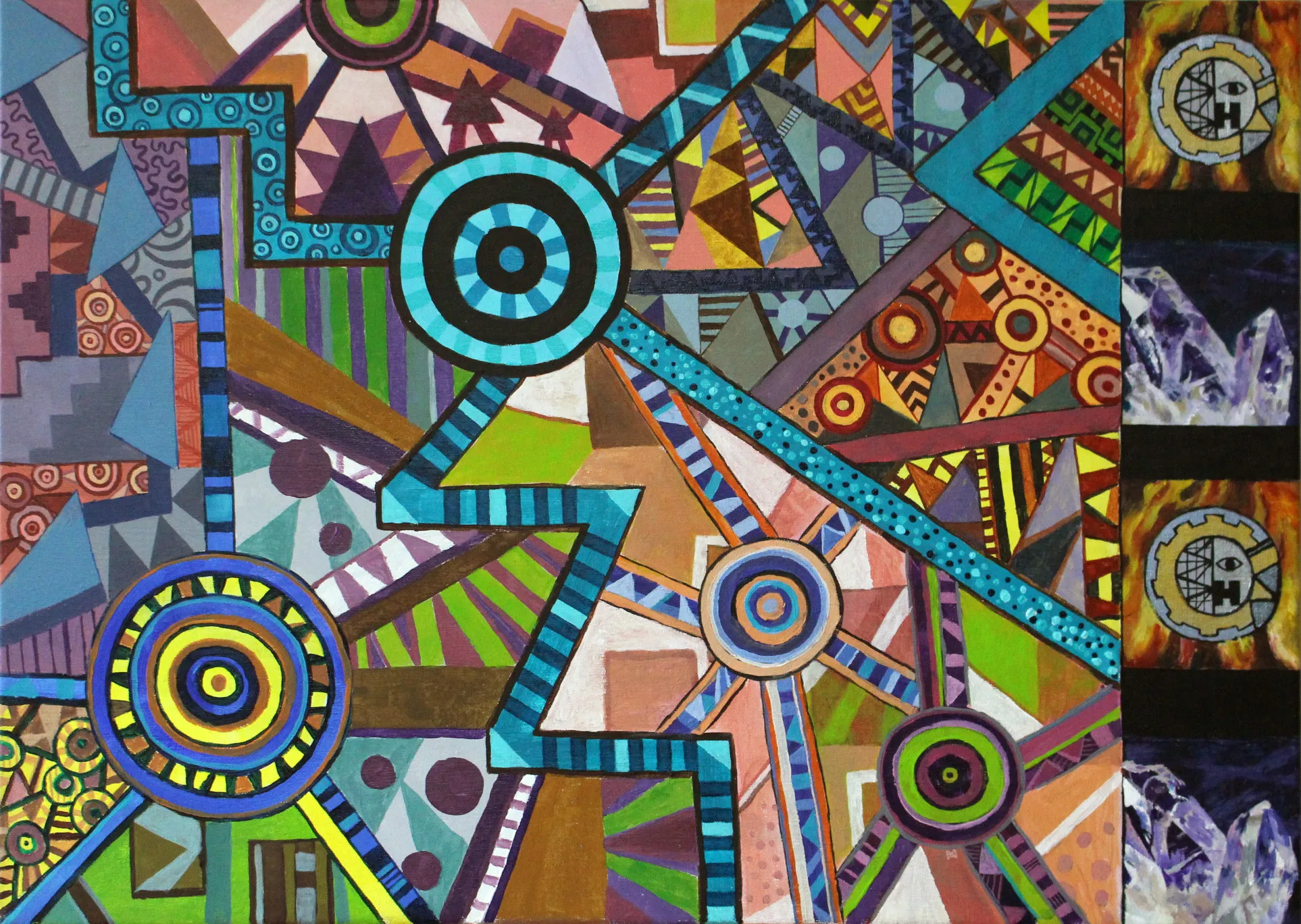 Dense geometric abstract painting of concentric-circle targets, triangles and step-fret patterns, with a vertical right-hand strip of panels depicting crystals and flames around a gear-and-eye emblem.